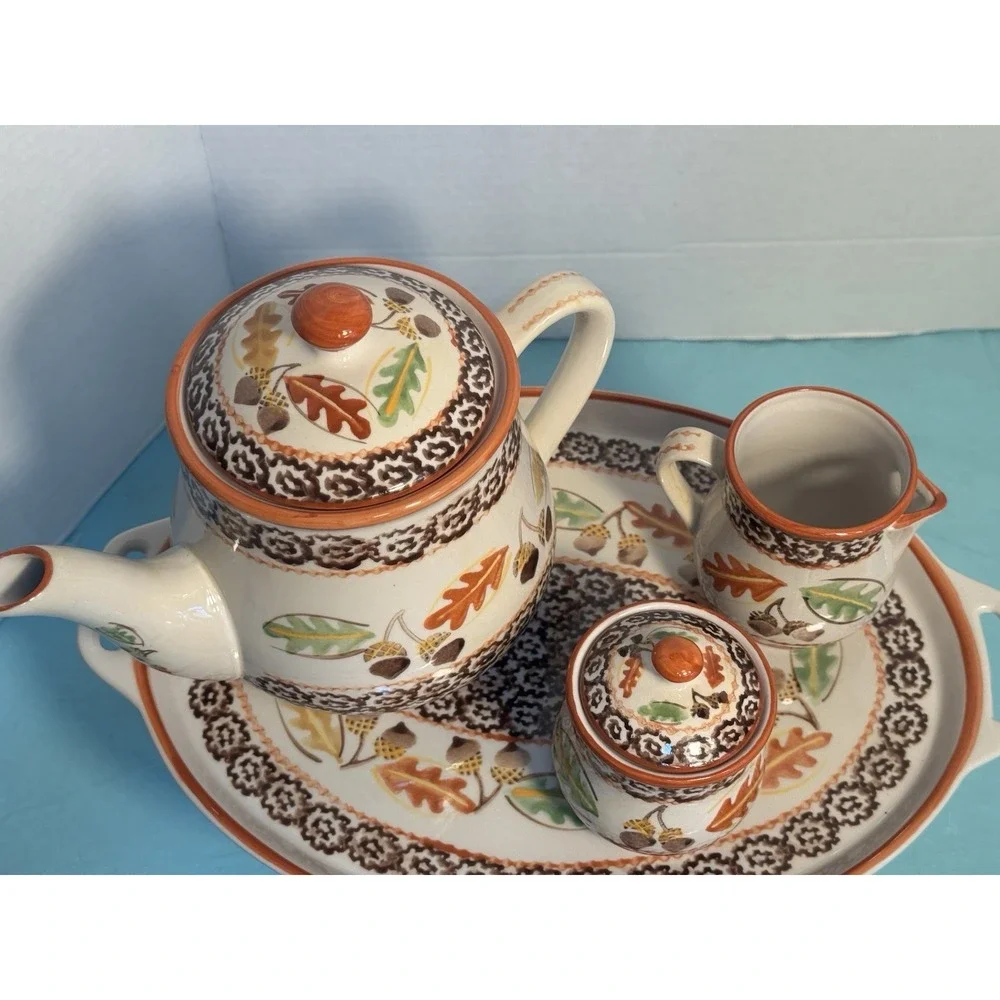 Temp-tations Old World Autumn Tea Serving Set With‎ Tray Fall Leaves Acorns. 6pc
